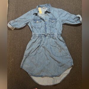Light Blue Denim Shirt Dress with Drawstring Waist
